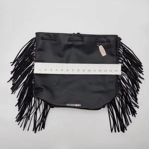 Victoria’s Secret NWT Black Faux Leather Fringe Drawstring Backpack Vegan Victoria main image 4